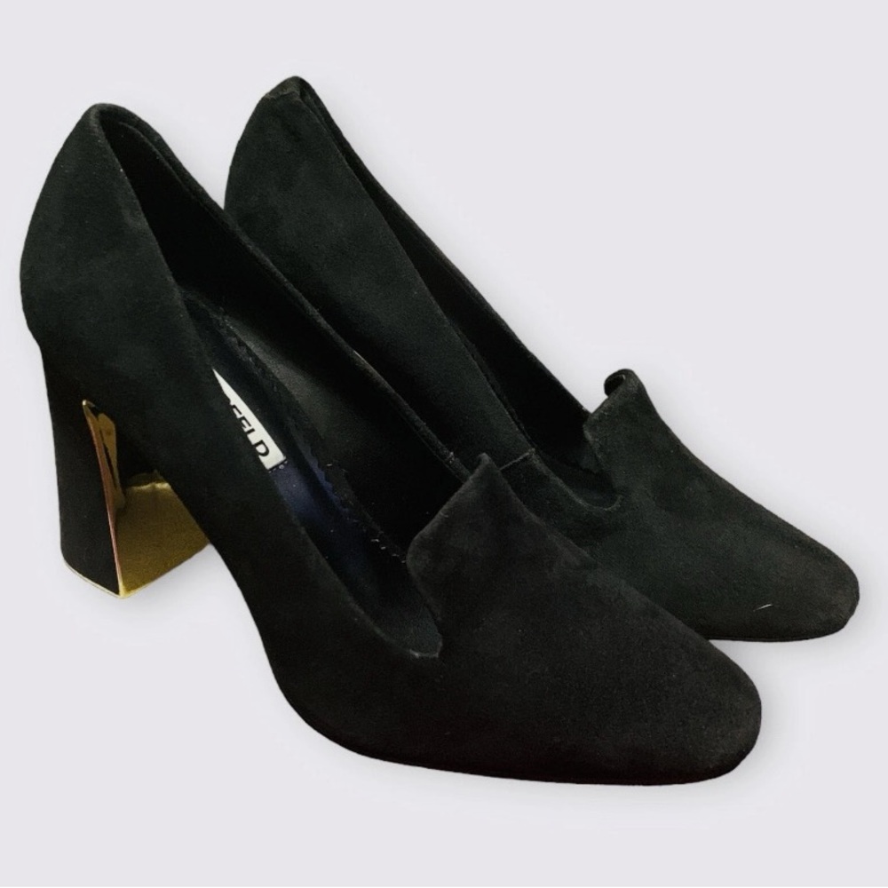 Karl Lagerfeld Black Suede Heels with Gold Accent